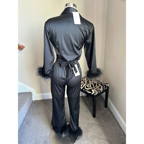 Black satin feather trim top and feather trim pants set (2 pcs) size small NWT - Picture 6 of 15